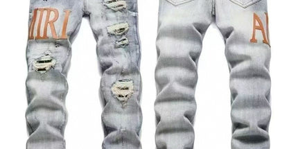 Punk Retro Blue Ripped Slim Stretch Men's Jeans