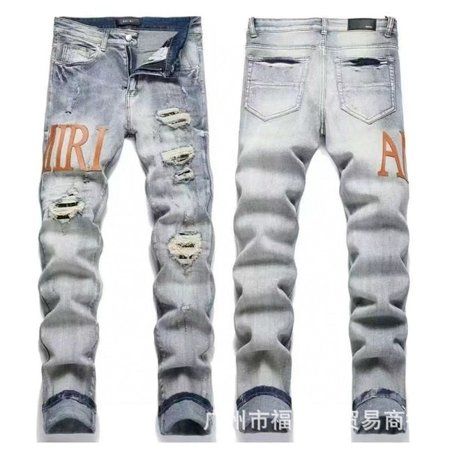 Punk Retro Blue Ripped Slim Stretch Men's Jeans