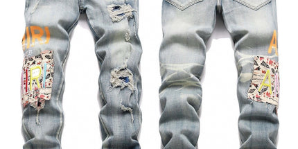 Punk Retro Blue Ripped Slim Stretch Men's Jeans