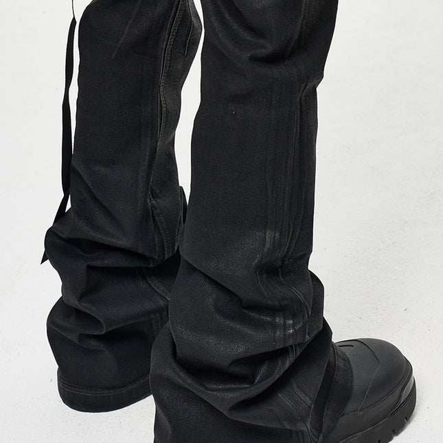2025 High Street RO Style Coated Brushed Micro Flare Mopping Floor Jeans Men's Trendy Brand Loose Micro Elastic Waxed Pants