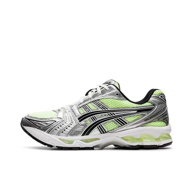 White and lime-green sneaker with black accents, silver details, and a white sole.