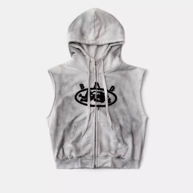 Badblood American vintage tie-dye zipper hooded vest casual loose cropped pants men's and women's street suits trendy