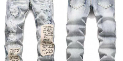 Punk Retro Blue Ripped Slim Stretch Men's Jeans