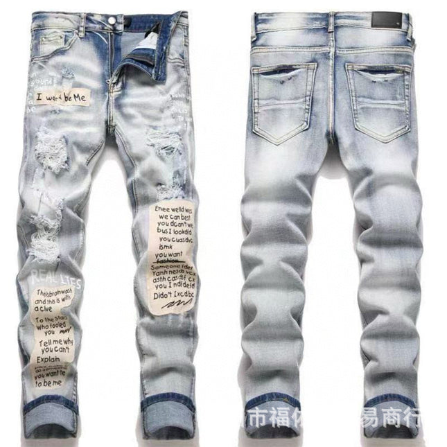 Punk Retro Blue Ripped Slim Stretch Men's Jeans