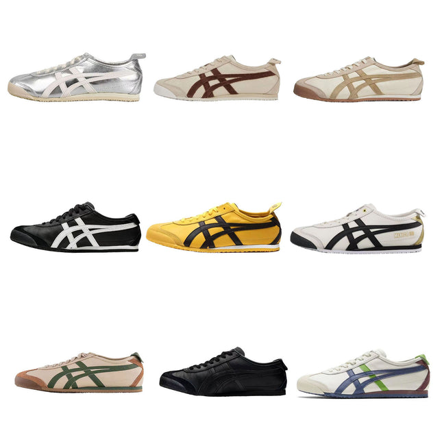 Nine pairs of sneakers in various colors, including silver, beige, black, yellow, and white.