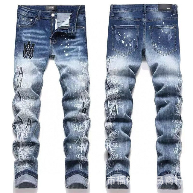 Punk Retro Blue Ripped Slim Stretch Men's Jeans
