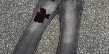 Ripped jeans patch flare washed zipper