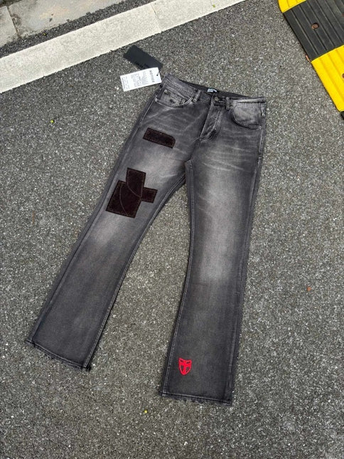 Ripped jeans patch flare washed zipper