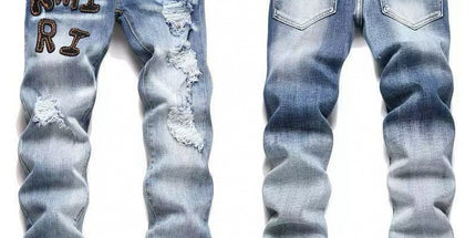 Punk Retro Blue Ripped Slim Stretch Men's Jeans
