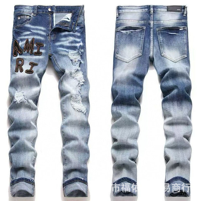 Punk Retro Blue Ripped Slim Stretch Men's Jeans