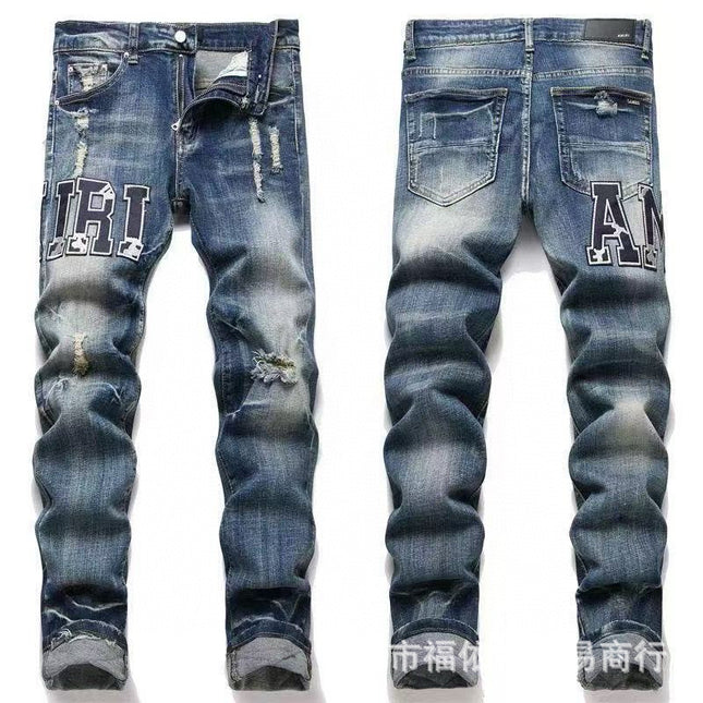 Punk Retro Blue Ripped Slim Stretch Men's Jeans