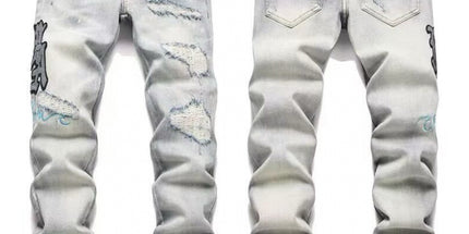 Punk Retro Blue Ripped Slim Stretch Men's Jeans