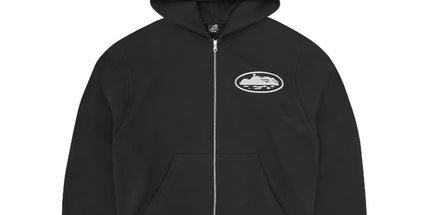 Black hoodie with a small logo on the chest against a white background