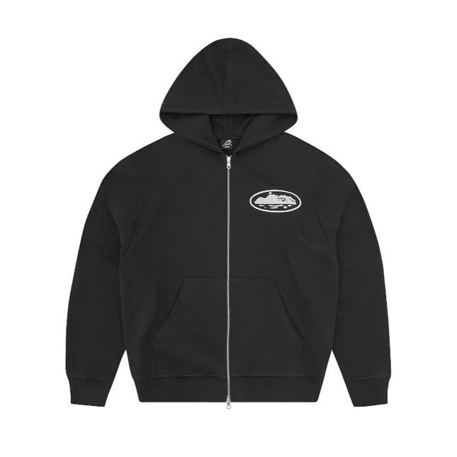 Black hoodie with a small logo on the chest against a white background