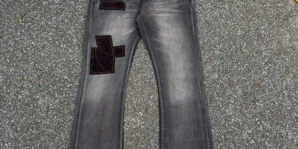 Ripped jeans patch flare washed zipper
