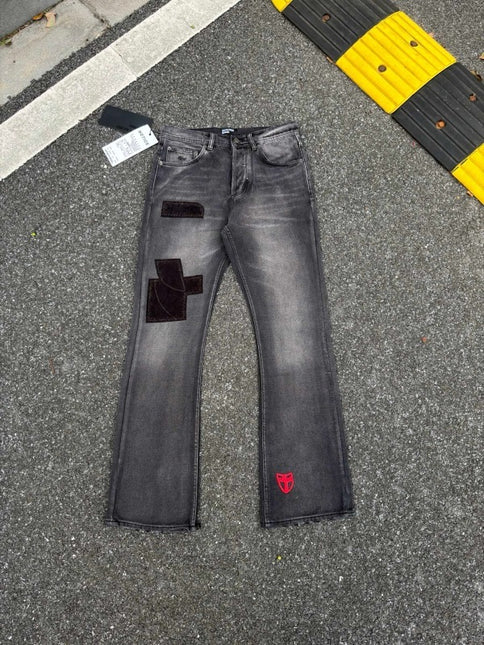 Ripped jeans patch flare washed zipper