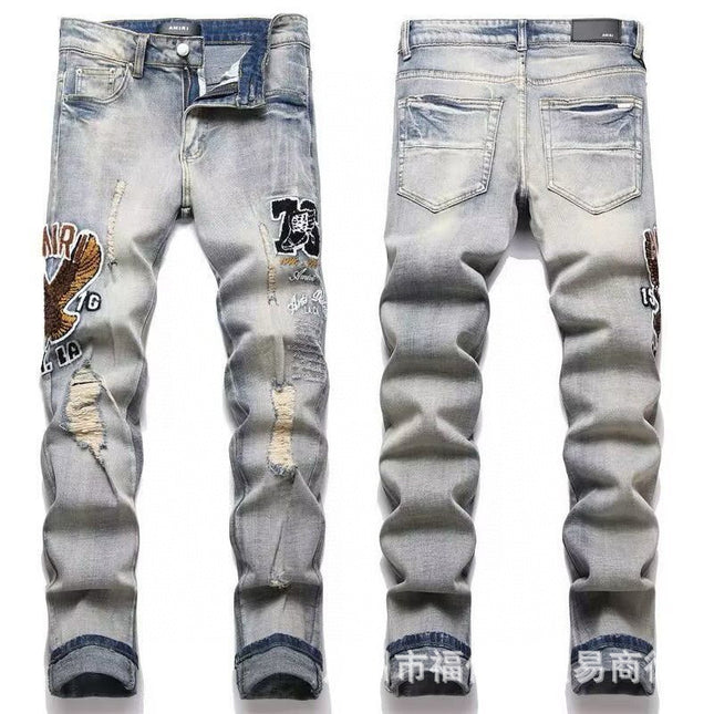 Punk Retro Blue Ripped Slim Stretch Men's Jeans