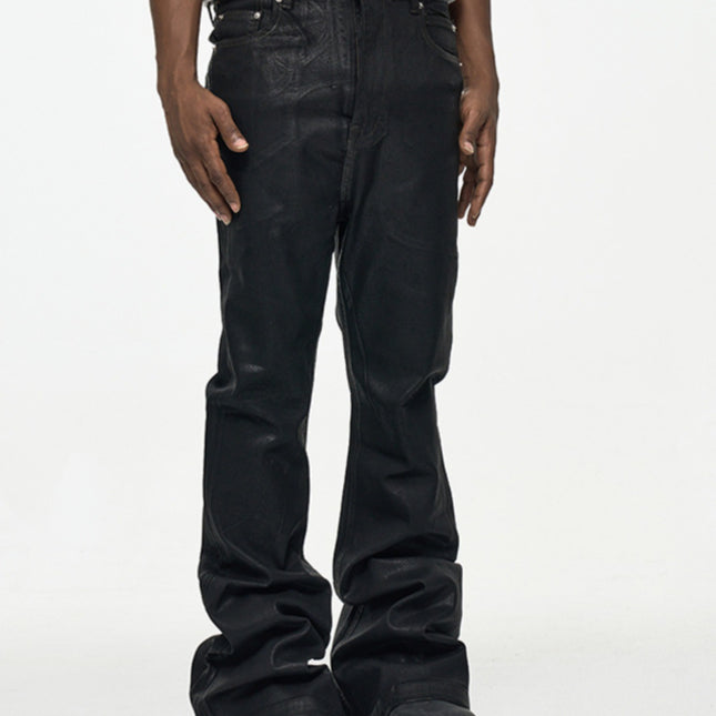 2025 High Street RO Style Coated Brushed Micro Flare Mopping Floor Jeans Men's Trendy Brand Loose Micro Elastic Waxed Pants