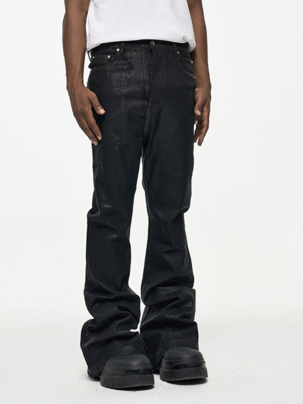 2025 High Street RO Style Coated Brushed Micro Flare Mopping Floor Jeans Men's Trendy Brand Loose Micro Elastic Waxed Pants