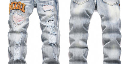 Punk Retro Blue Ripped Slim Stretch Men's Jeans