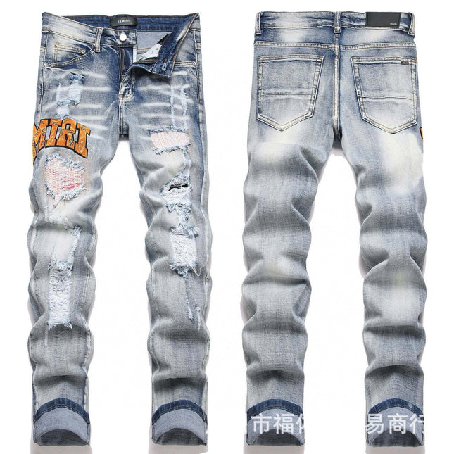 Punk Retro Blue Ripped Slim Stretch Men's Jeans