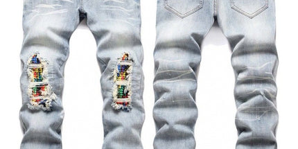 Punk Retro Blue Ripped Slim Stretch Men's Jeans