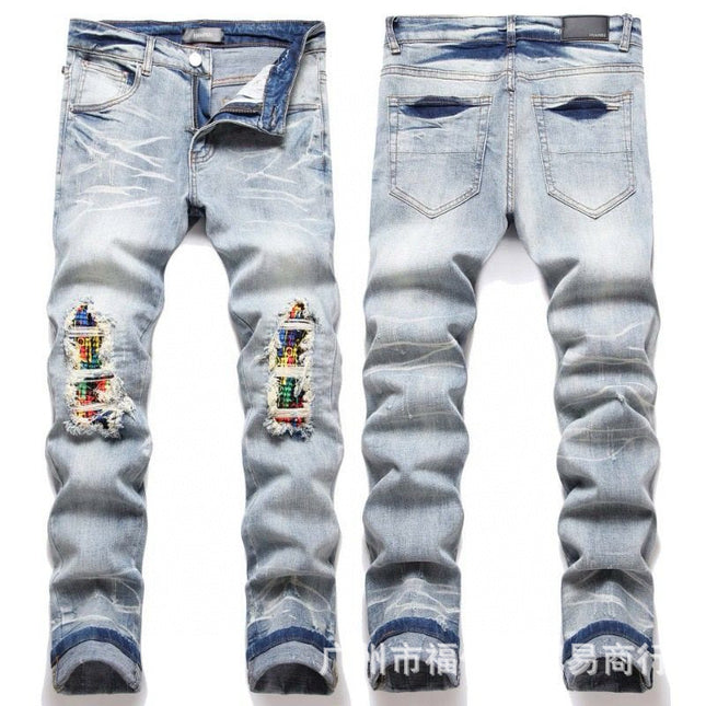 Punk Retro Blue Ripped Slim Stretch Men's Jeans