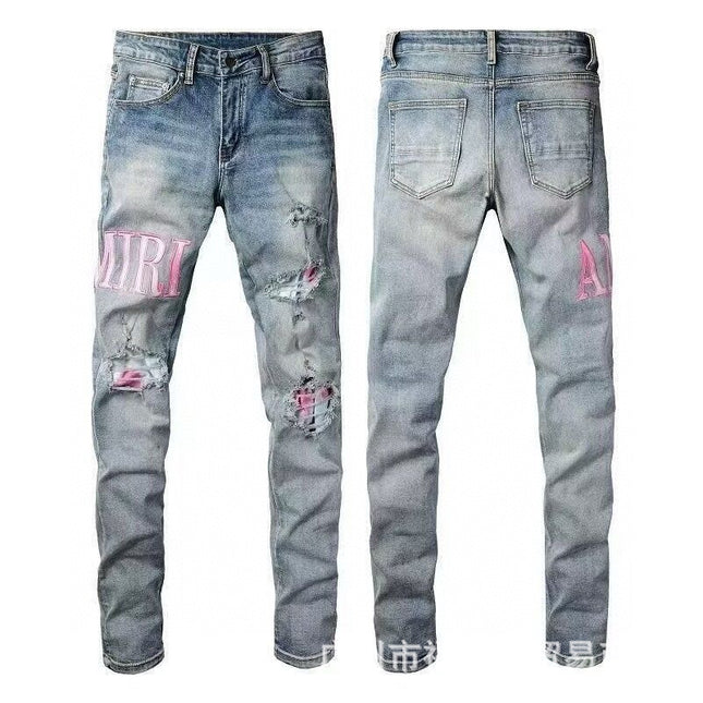 Punk Retro Blue Ripped Slim Stretch Men's Jeans