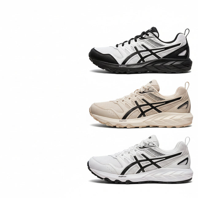 Three pairs of running shoes: black, beige, and white, each with a contrasting logo stripe.