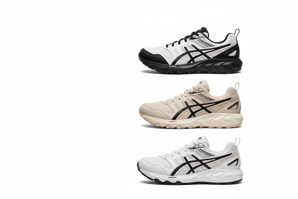 Three pairs of running shoes: black, beige, and white, each with a contrasting logo stripe.