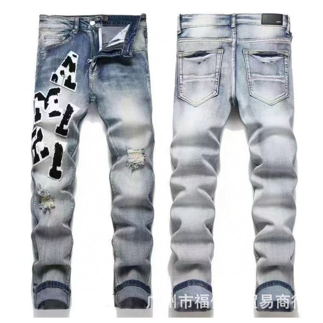 Punk Retro Blue Ripped Slim Stretch Men's Jeans