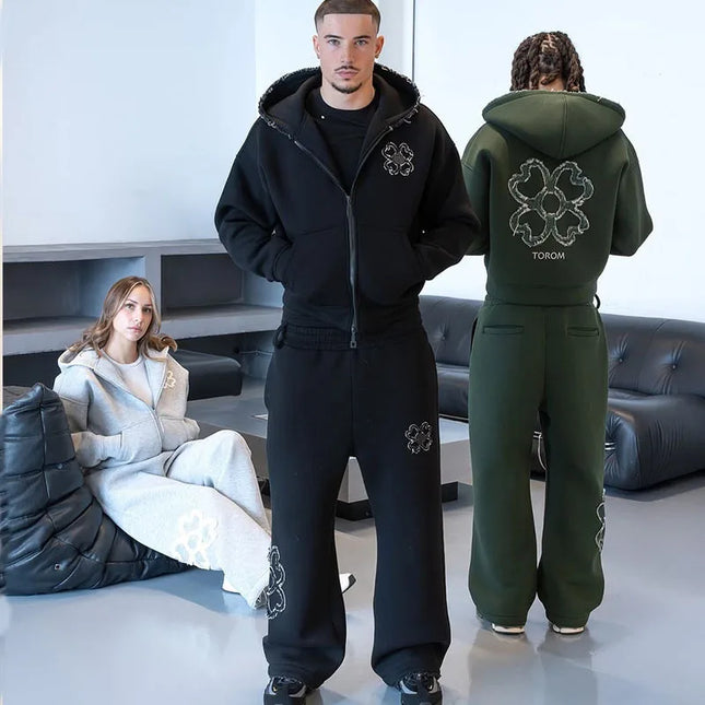 Embroidered Zip Hoodie & Pants Set Men Streetwear 2-Piece Tracksuit
